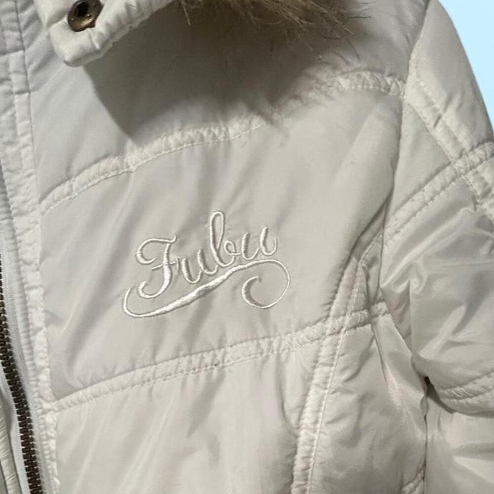 Fubu large vintage white short parka jacket w faux fur hood y2k funnel neck - Picture 4 of 7
